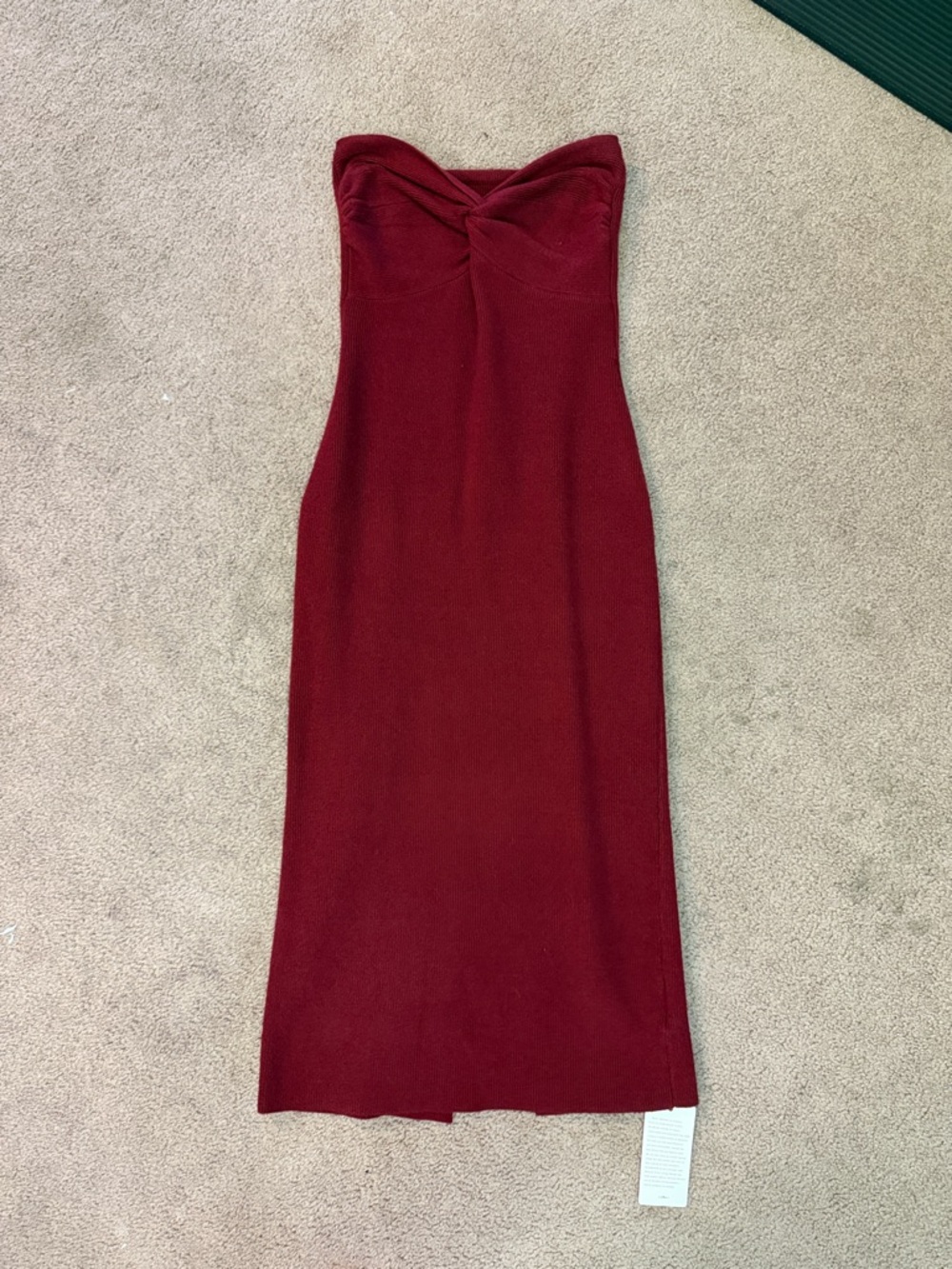 Strapless Twist Bodice Midi Dress in Burgundy